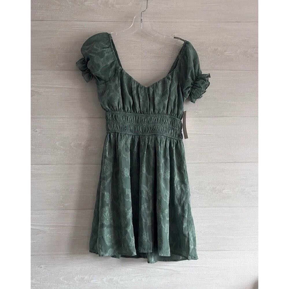 Grace & Emma Mini Dress - Puff Sleeves - Green Floral Pattern - S - NWT